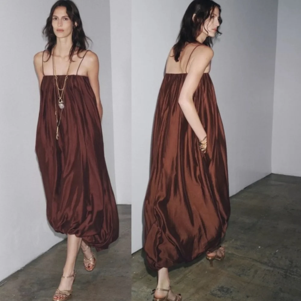 Zara Multi Position Balloon Dress Brown Size XS S - Picture 13 of 13